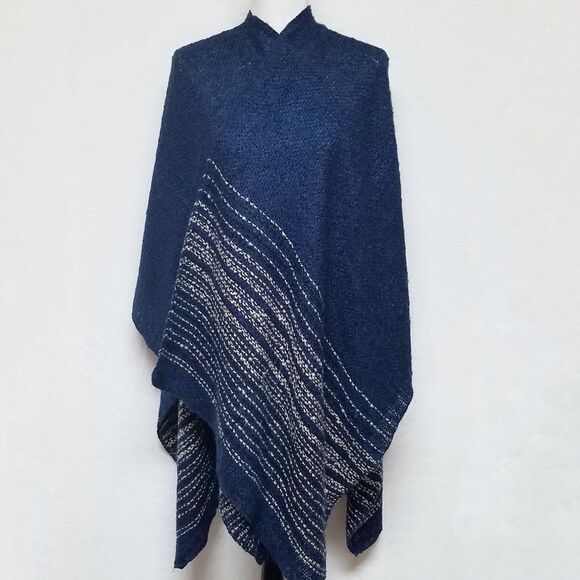VINTAGE 80s Handmade Blue Striped Poncho Shawl - Picture 5 of 8